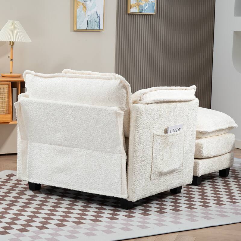 55" Oversized Single Sofa Chaise Lounge with Ottoman, Comfy Reading Chair Upholstered Sleeper Chair with Side Pockets