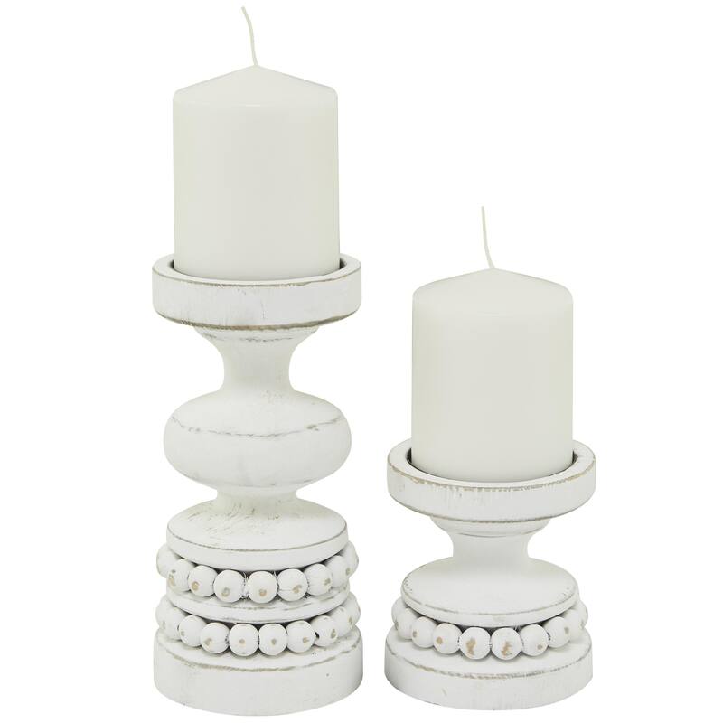 Wood Beaded Pillar Candle Holder - Set of 2 Brown or White - Roche River Decor - White