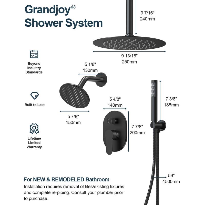 GRANDJOY Dual Shower Heads with Handheld Spray 10" Rainfall Wall Mount Shower Faucet Set
