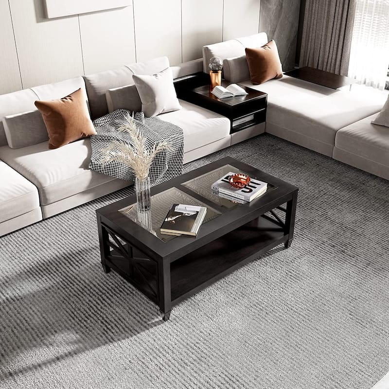 2-Tier 45.5" X 26" Solid Wood Coffee Table Tempered Glass Top