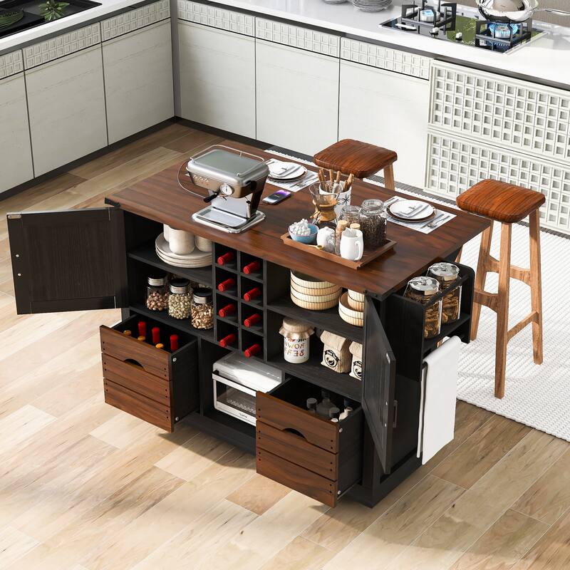 54" Farmhouse Kitchen Island with Drop Leaf, Power Outlet & 4 Wheels - Black