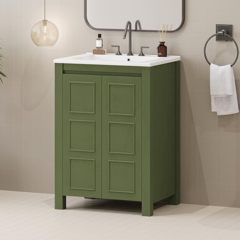 24" Small Bathroom Vanity with Ceramic Sink, Solid Wood Frame Bathroom Storage Cabinet