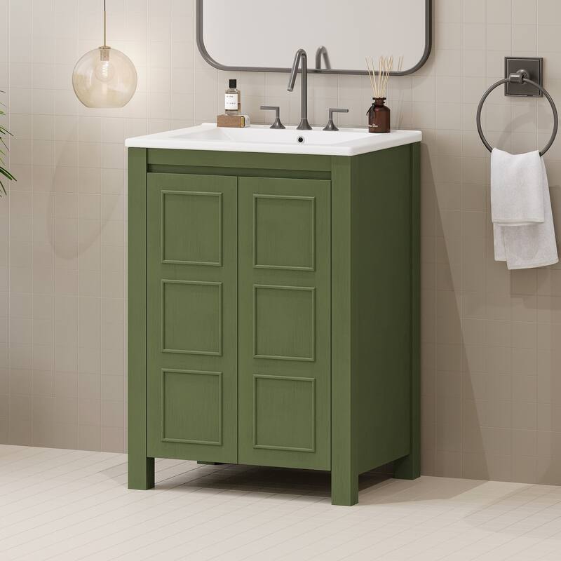 24-Inch Vintage-Inspired Bathroom Vanity with Ceramic Basin, Two Soft-Close Doors, and Adjustable Shelf‌ - 24" - Olive Green