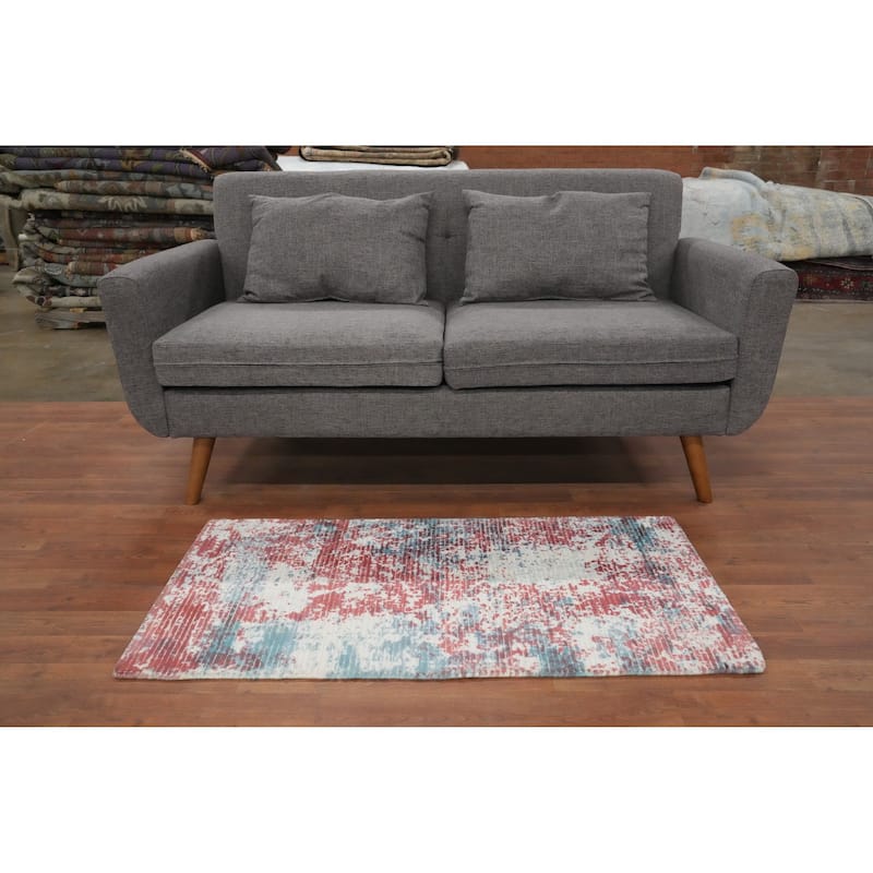 Hand Knotted Oriental Viscose Silk Carpet Modern All-Over Oranges & Rust Abstract Area Rug - 4' 0'' X 2' 0''