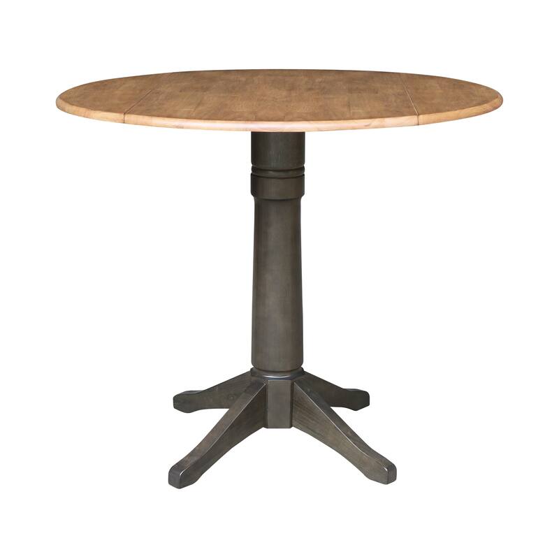 42 in. Round Top Dual Drop Leaf Pedestal Dining Table - Counter Height - Hickory/Washed Coal