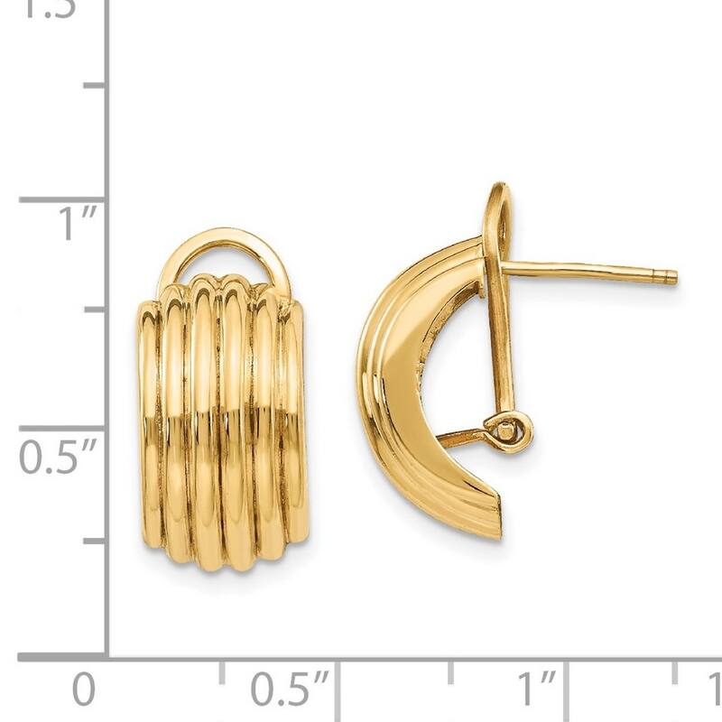 Curata 14k Yellow Gold Polished Ribbed Fancy Omega Back Post Earrings 19x9.5mm
