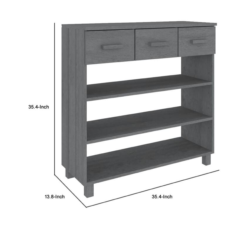 Boir Sofa Console Table, 3 Shelves and 3 Drawers, 35 Inch, Gray Pine Wood