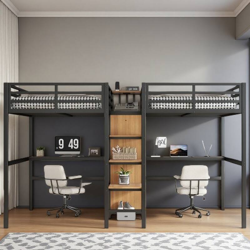 Twin Loft Bed with Dual Workstations, Built-in Wardrobe, Storage Shelves, and Power Outlets - Natural Wood