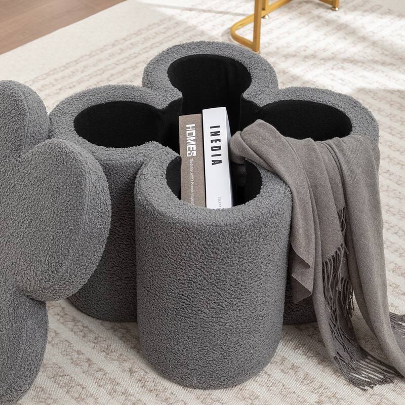 SEYNAR Modern Glam Teddy Velvet Flower Shape Storage Ottoman