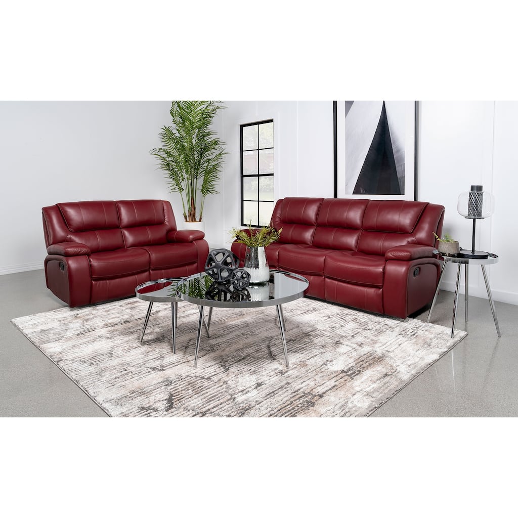 Camila Upholstered Motion Reclining Sofa Red And Black Faux Leather