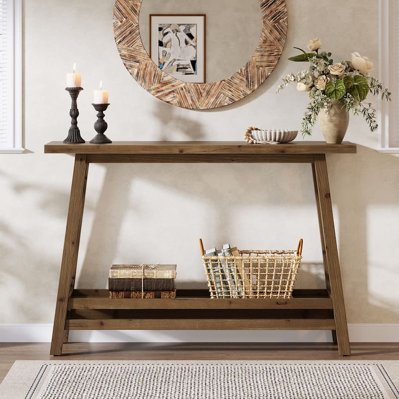 Solid Wood Entryway Table, Console Table with Storage Shelves, Behind Couch Sofa Table Hallway Foyer Accent Side Table