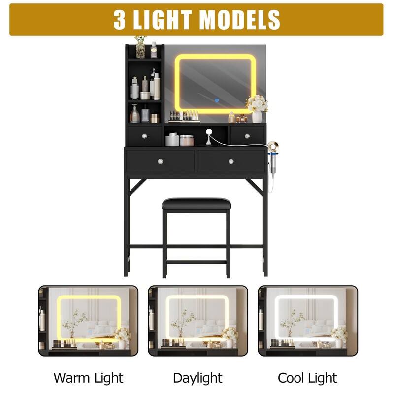 Makeup Vanity with Mirror and LED Lights, Charging Station, 4 Drawers, Shelves, Stool