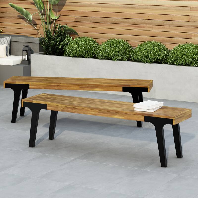 Roomfitters Outdoor Benches Set of 2, Acacia Wood Seats with Black Metal Legs, Patio or Garden Dining Benches
