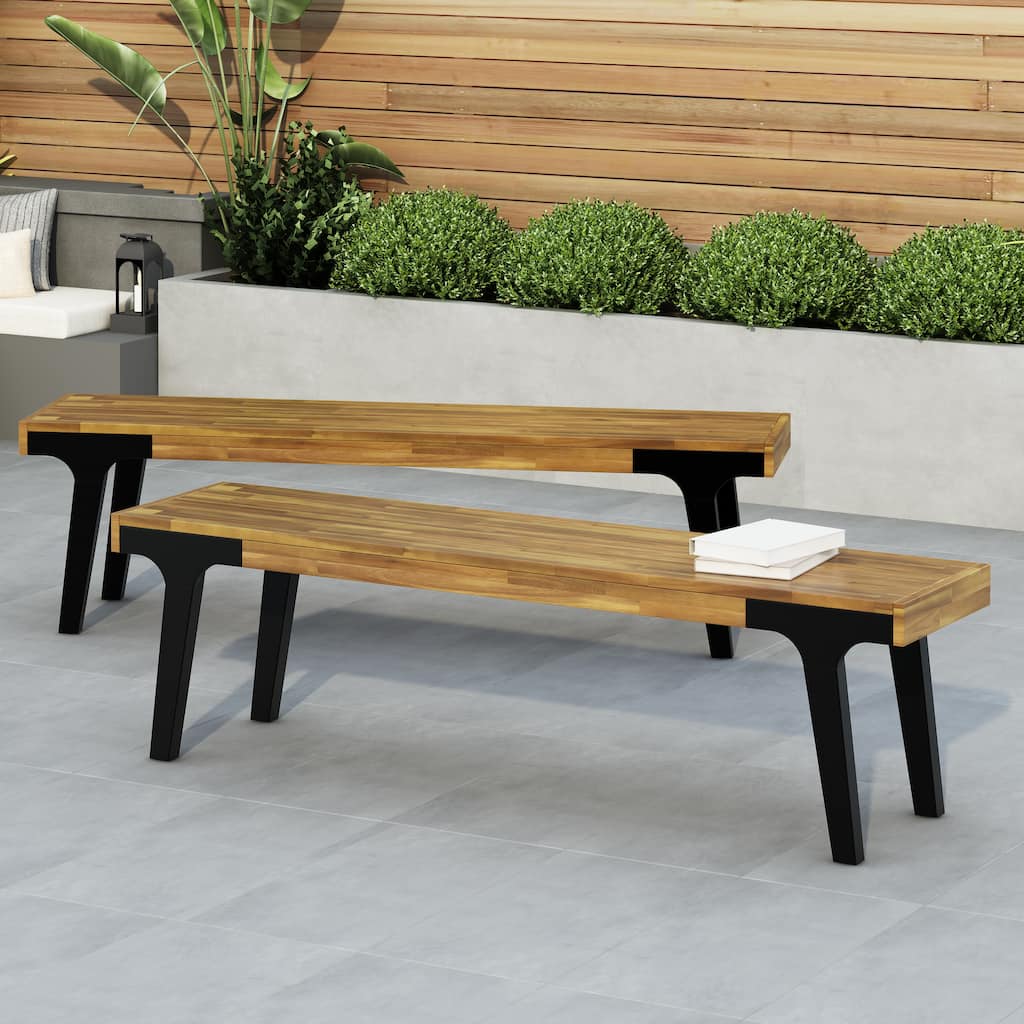 Roomfitters Outdoor Benches Set of 2, Acacia Wood Seats with Black Metal Legs, Patio or Garden Dining Benches