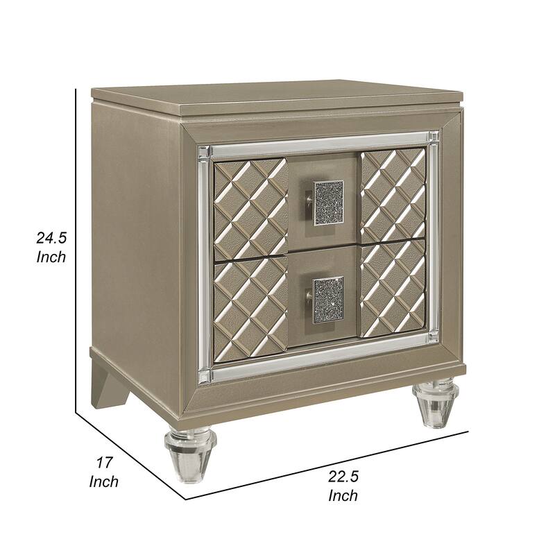 Loy Nightstand, 2 Drawers, Champagne Gold Metallic, Mirror Trim