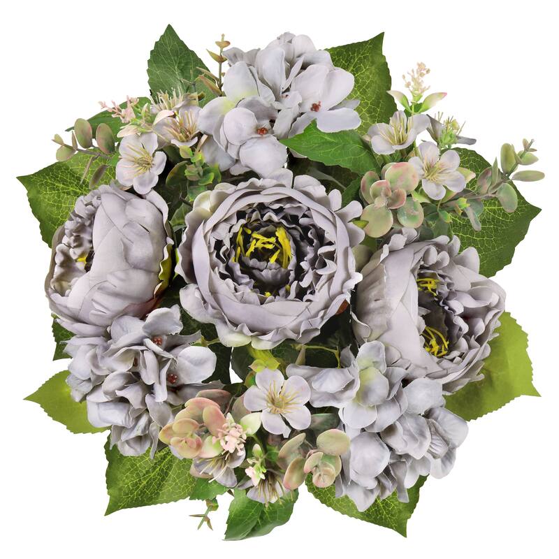 Set of 2 Grey Artificial Mixed Peony Hydrangea Blossom Flower Stem Bush Bouquet 17in - 17" L x 11" W x 11" DP