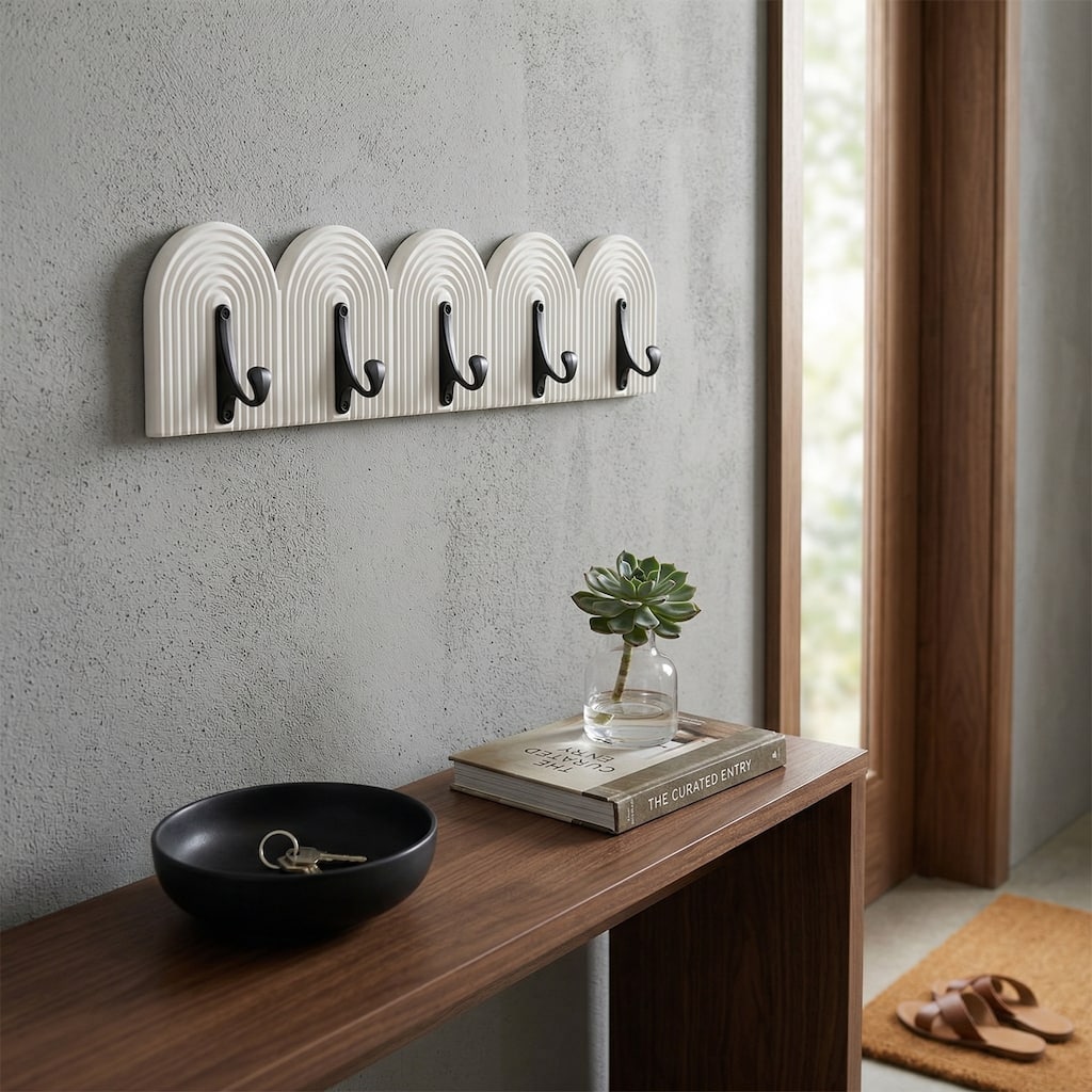 Wood Ribbed Arch Wall Shelf with Five Hooks - White, 24" - 24.0"