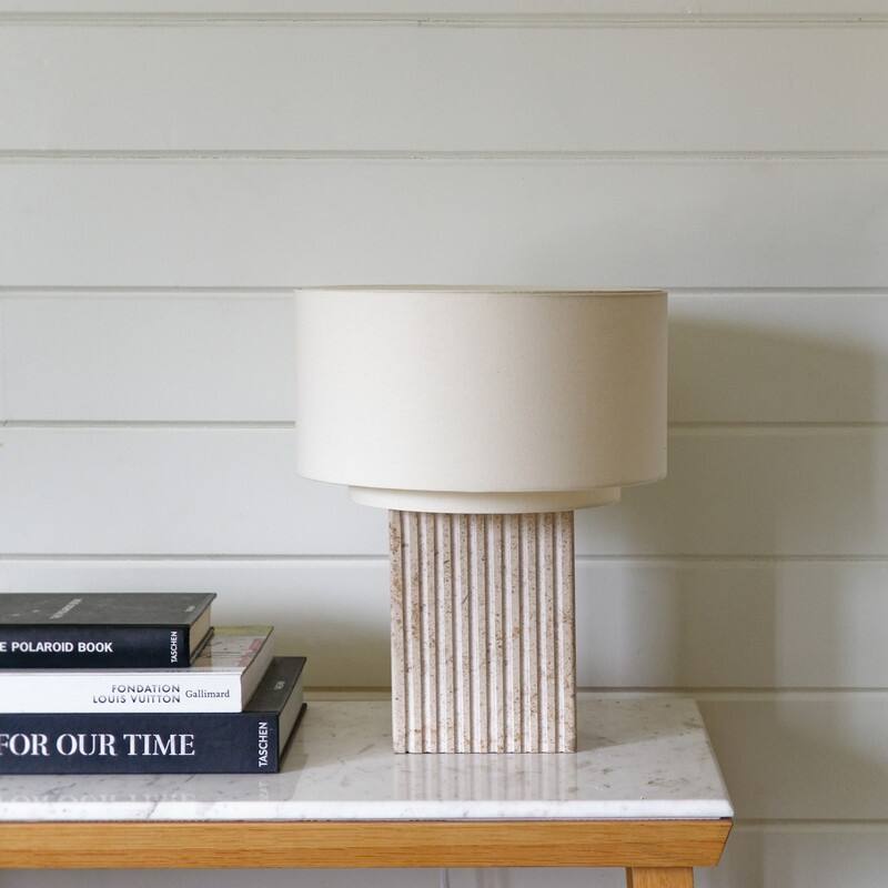 Brightech Atticus LED Natural Beige Stone Modern Industrial Square Dimmable Bedside Nightstand Desk Lamp