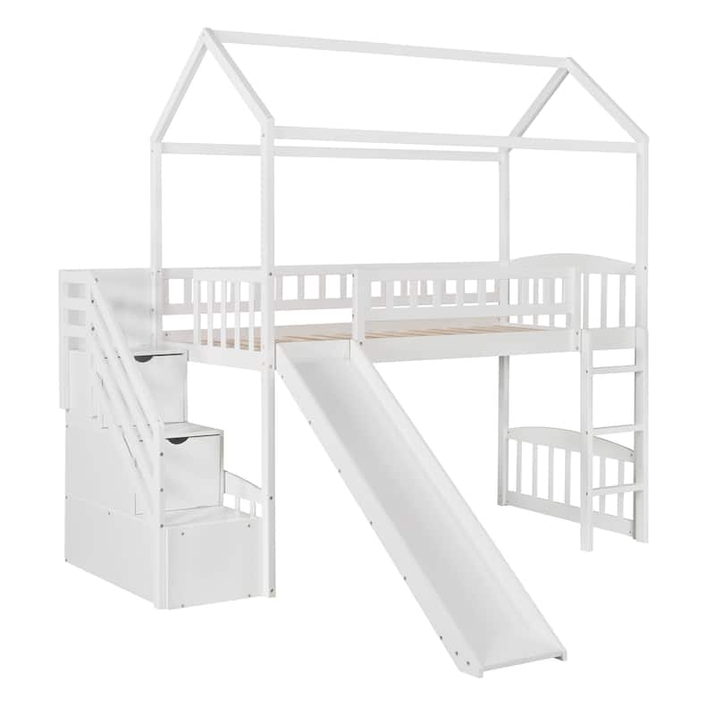 Twin Loft Bed with Two Drawers and Slide, House Bed with Slide, Gray (Old SKU: LP000130AAE)