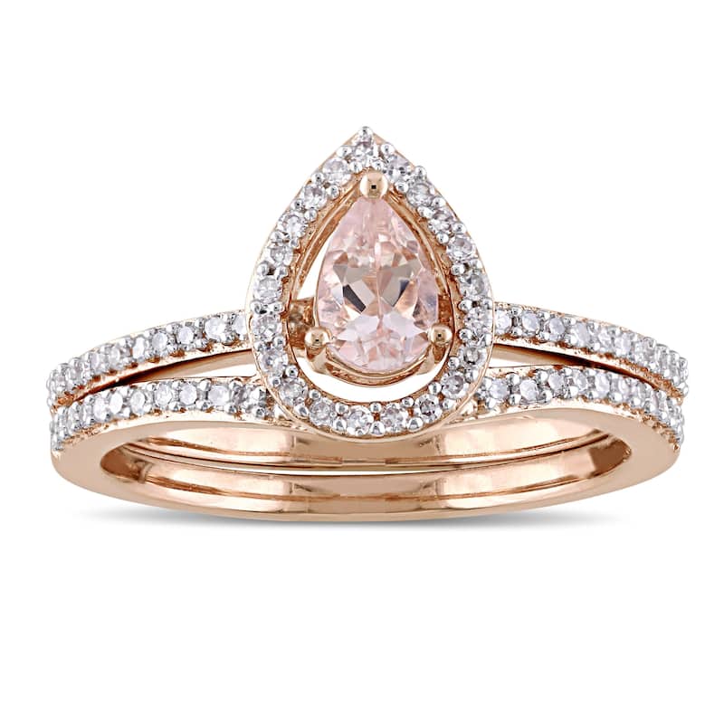 Miadora Signature Collection 10k Rose Gold Pear-Cut Morganite and 1/3ct TDW Diamond Halo Bridal Set - Pink
