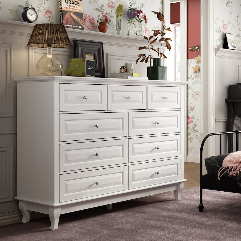 55.1"W 9-Drawer Dresser: Spacious and Sleek Design Chest Lacquer - White