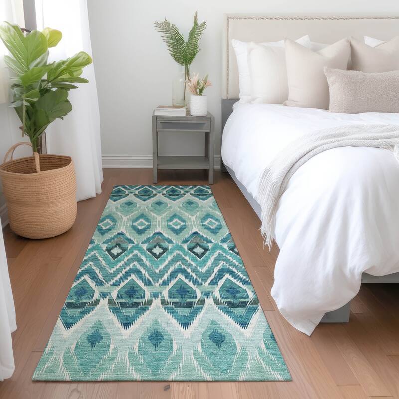 Machine Washable Indoor/ Outdoor Chantille Geometric Boho Rug - Teal - 2'3" x 7'6"