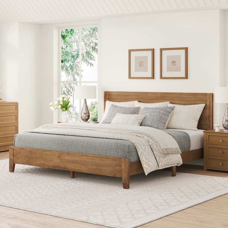 Mid-Century Modern Solid Wood Platform Bed with Headboard Queen/King/Full Size - Natural/King - King