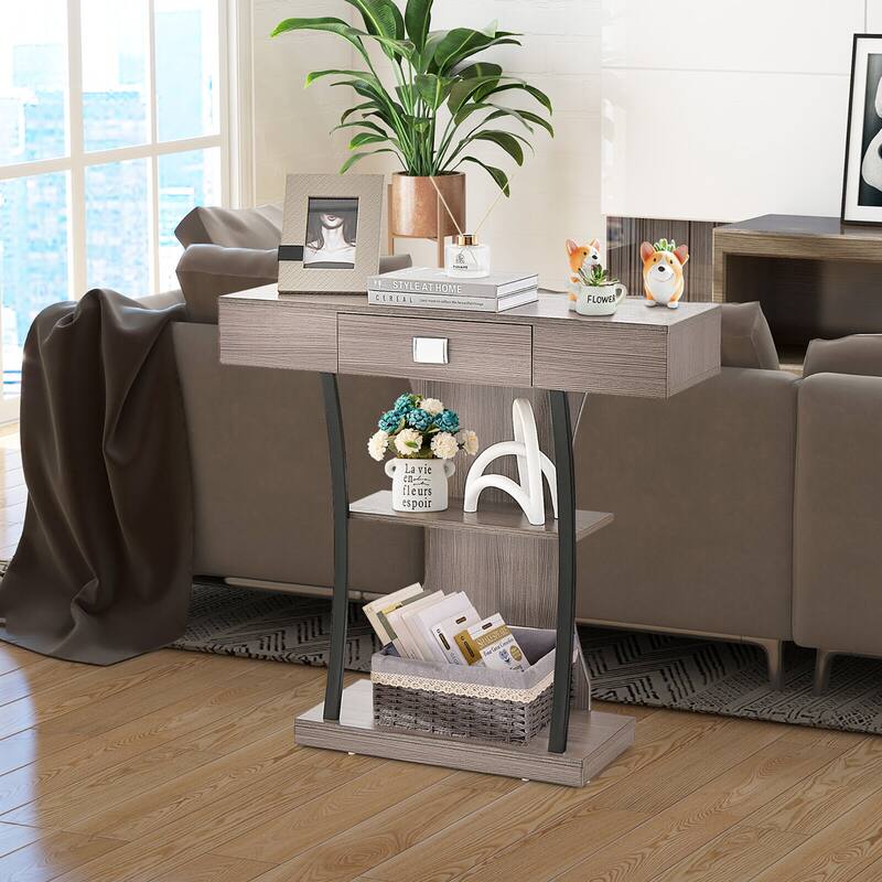 Gymax Console Sofa Table w/ Drawer and 2-Tier Shelves for Entryway