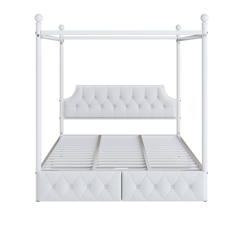 Queen Size Metal Canopy Platform Bed with Headboard and Storage Drawers