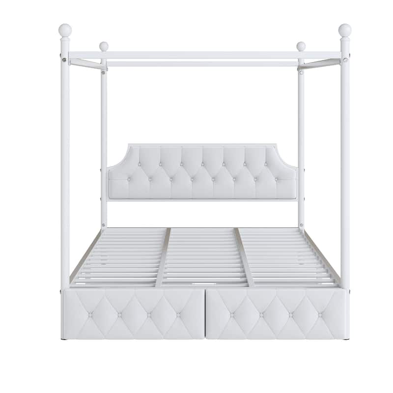 Queen Size Metal Canopy Platform Bed with Upholstered Headboard and 2 Storage Drawers (350lbs Capacity)