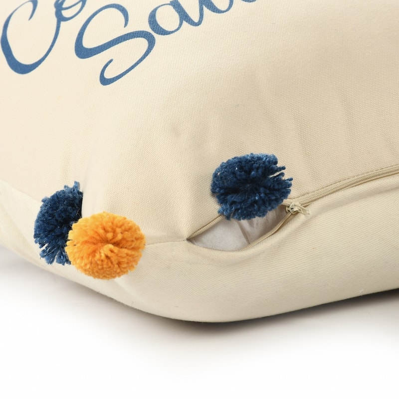 HomeRoots 20" Natural Blue And Orange Come Sail Away Throw Pillow With Pompoms And Texture