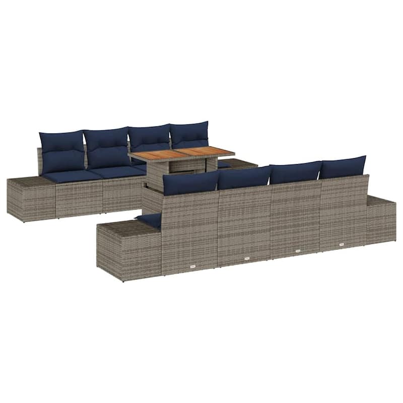 vidaXL 9 Garden Sofa Set with Cushions Black/Grey Poly Rattan - 115.8 x 24.4 x 27.2