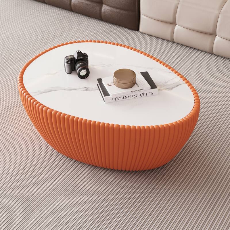 Goose Egg-Shaped Marble & Leather Coffee Table Accent Table, Side Table Sofa Table Bedside Table, No Assembly Required - Orange