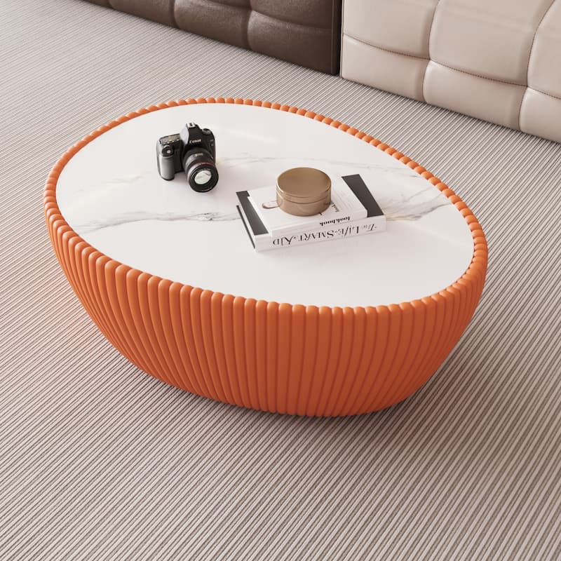 Modern Drum Coffee Table, Goose Egg Shape Coffee Table with Marble Top & Pu Frame, Luxury Center Side Table for Small Space