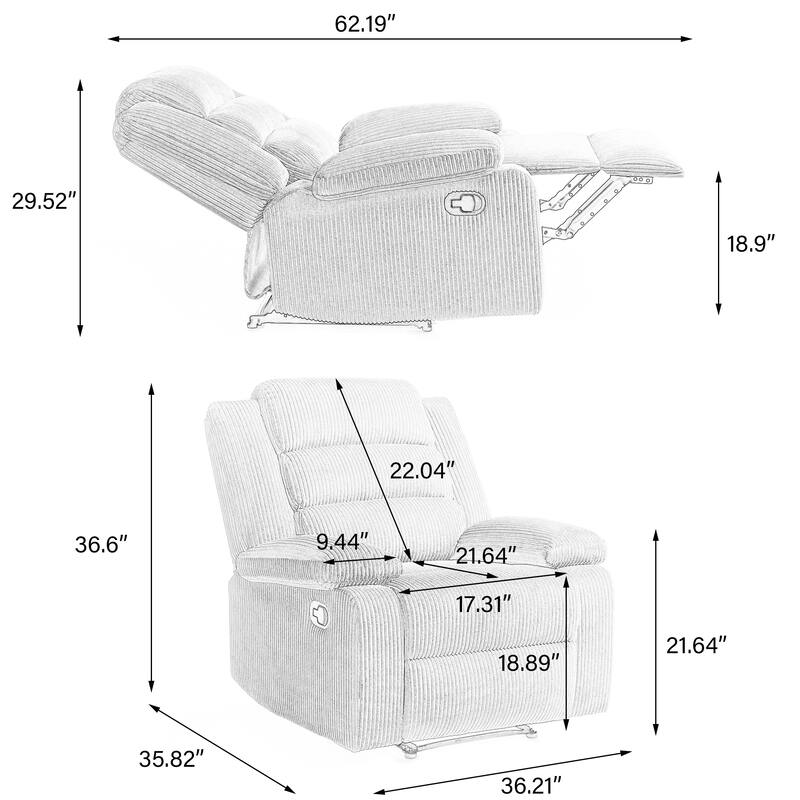 Classic Corduroy Upholstered Push Back Manual Recliner Chair(Set of 2)