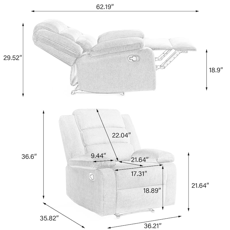 Classic Corduroy Upholstered Push Back Manual Recliner Chair