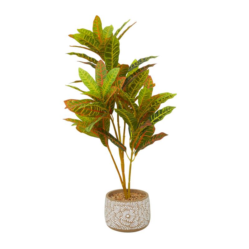 Green Faux Foliage Crotons Artificial Plant with Realistic Leaves and Floral Patterned Pot - 16"L x 18"W x 30"H