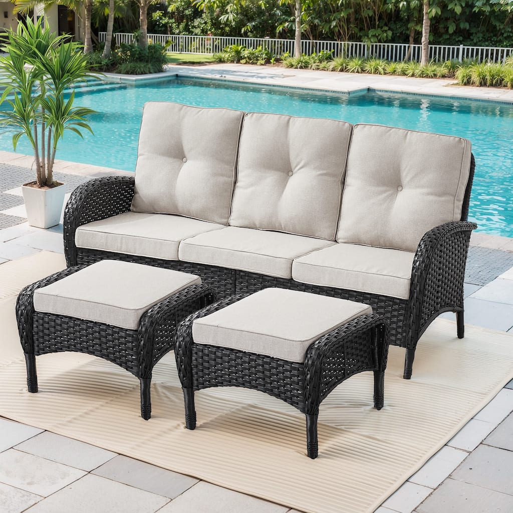 Outdoor Patio 3-Seat Sofa with Rattan Footstool