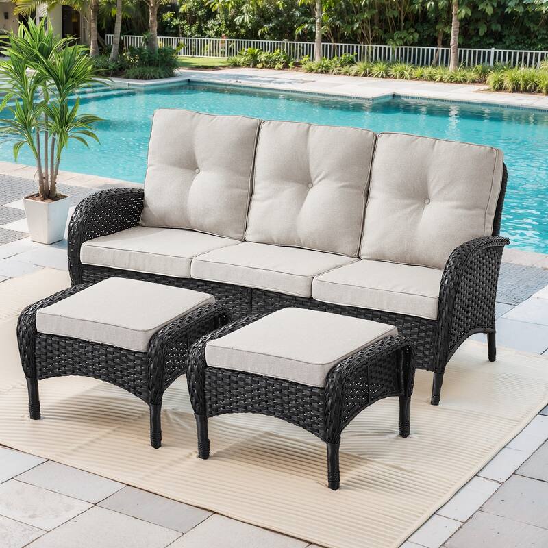 Pocassy Patio Outdoor Sofa Swivel Chairs with Ottman Table Set - Black Wicker Beige Cushion - 3-Piece 3-Seat Sofa with Ottoman
