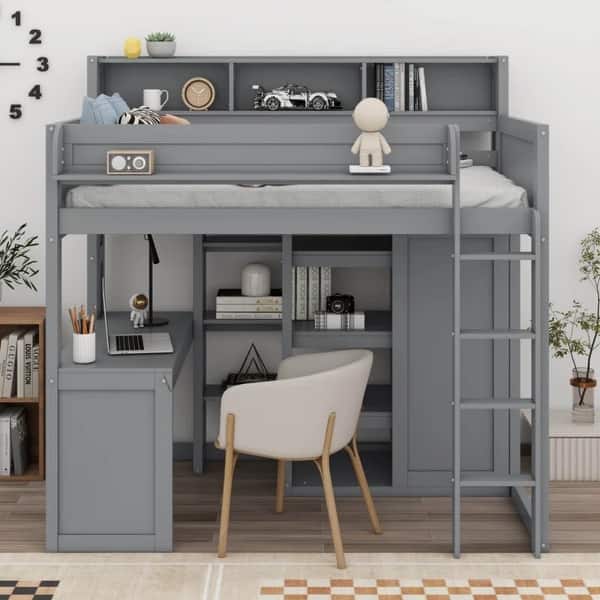 slide 2 of 12, Twin Size Wood Loft bed with Wardrobe and Storage Shelves Grey