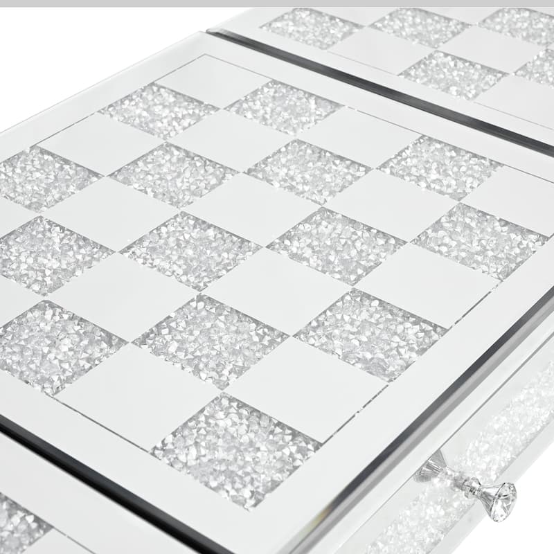 Mirrored Makeup Vanity Desk with Crushed Diamond Inlay, Silver Dressing Table with Flip-Top Mirror, Glass Console Table
