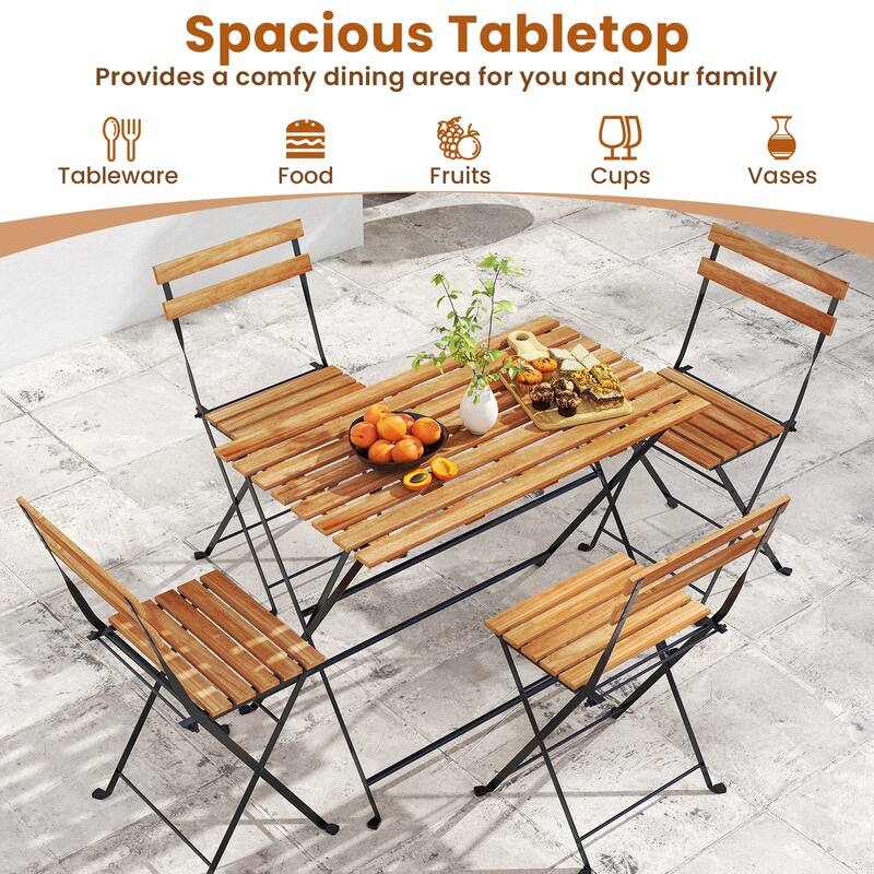 Gymax 5 PCS Patio Acacia Wood Dining Set w/ 4 Folding Chairs Slatted