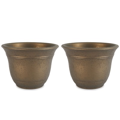 HC Companies Sierra 10 Inch Round Garden Planter Pot, Celtic Bronze (2 Pack) - 0.5