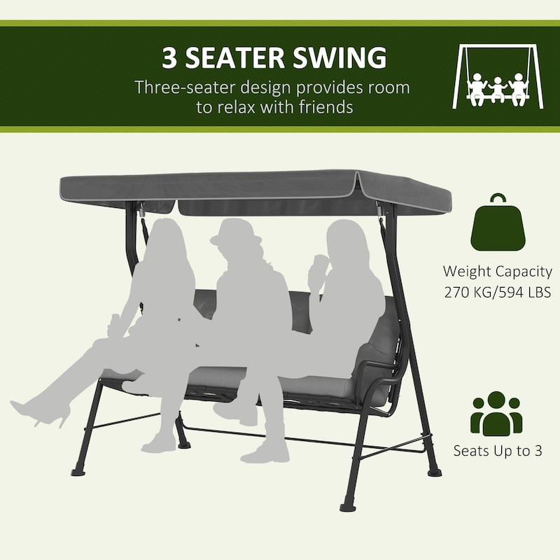 Outsunny Outdoor Patio Porch Swing Bench with Included Adjustable Shade Awning & Comfort Padded Seating for Three People