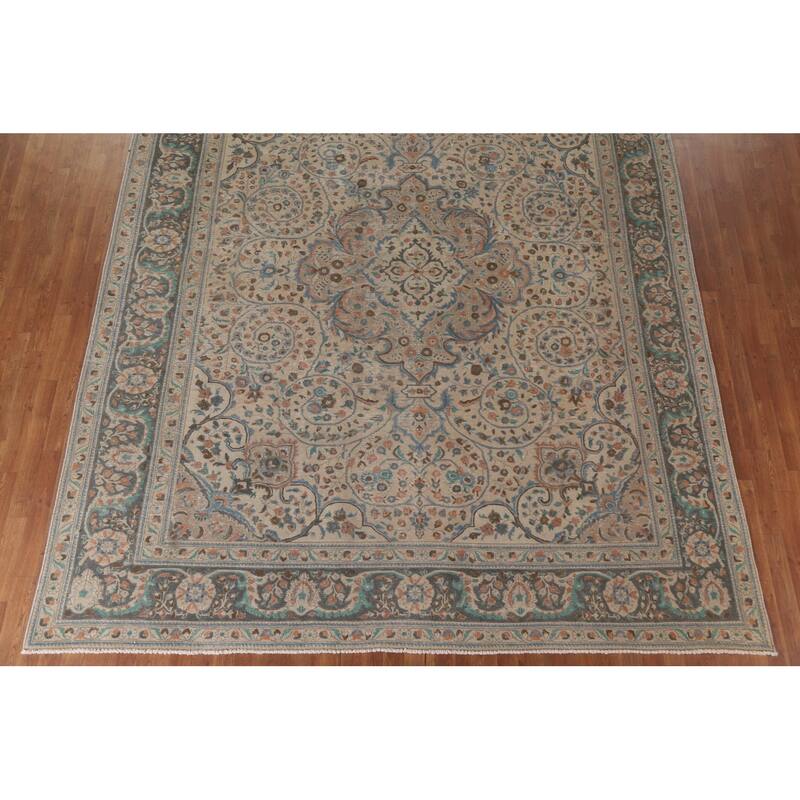 Hand Knotted Oriental 100% Wool Carpet Traditional Floral Beige & Ivories Tabriz Area Rug - 12' 3'' X 9' 8''