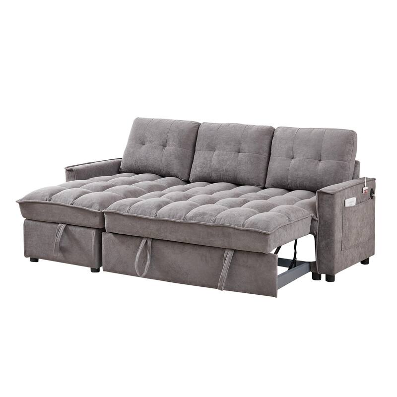 Futon Daybed Pull-Out Sofa Bed with USB and Tape-c, L-Shaped Sectional Sofa with Storage Chaise Lounge and Side Pocket