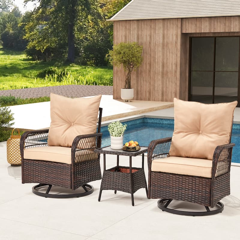3-Piece Outdoor Rocking/Swivel Chair Set - PE Rattan Patio Furniture with Cushions & Coffee Table, Rocker Chairs for Backyard