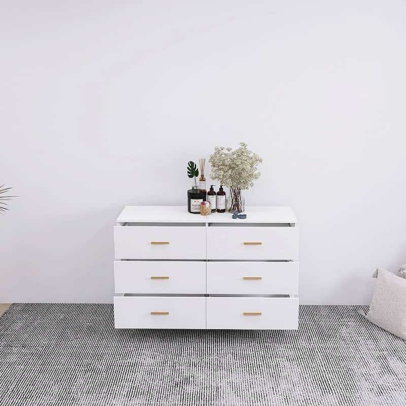 Modern Dresser Chest With 6 Drawers and Golden Handle，High Glossy Surface