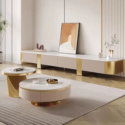 78.7'' Modern TV Stands, White Glossy sintered stone top, gold legs, 4 Drawers - 78.74