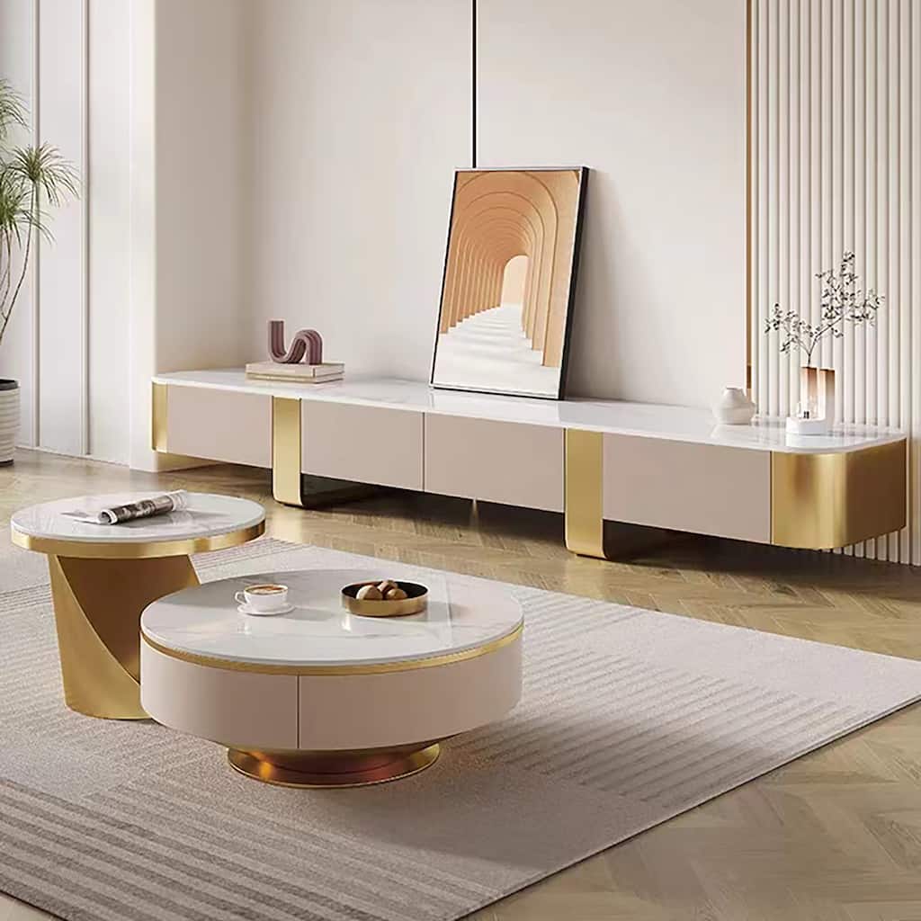 78.7'' Modern TV Stands, White Glossy sintered stone top, gold legs, 4 Drawers - 78.74